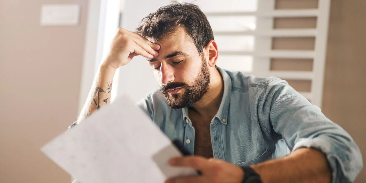 Homem lendo um documento em papel com a mão na cabeça