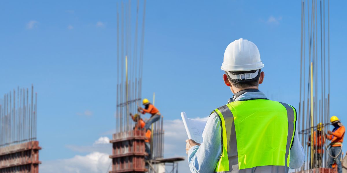 Pessoa com um capacete de proteção e colete em frente a uma construção